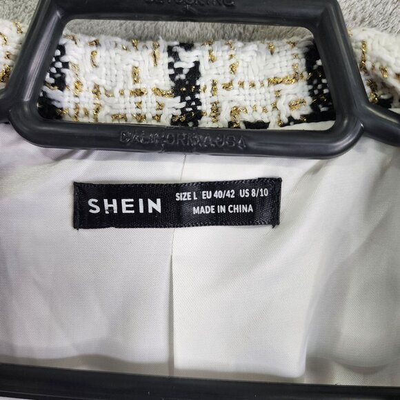 Womens Shein Black White & Gold Checkered Tweed Blazer Jacket Double Breasted L - Picture 6 of 11